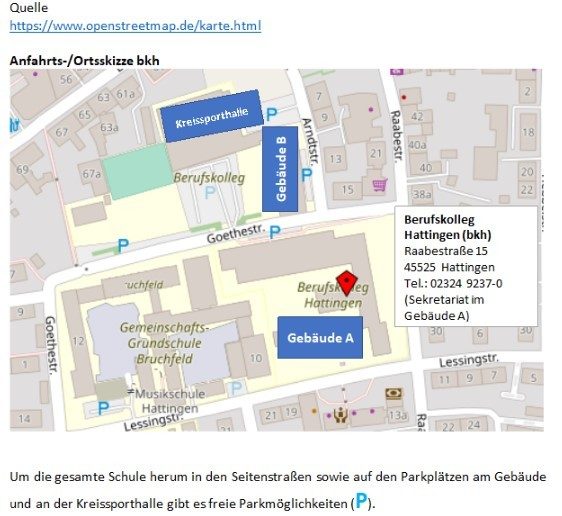 Lageplan des Berufskollegs Hattingen an der Raabestraße 15 mit den umliegenden Straßen, den Gebäuden A und B und den Parkmöglichkeiten