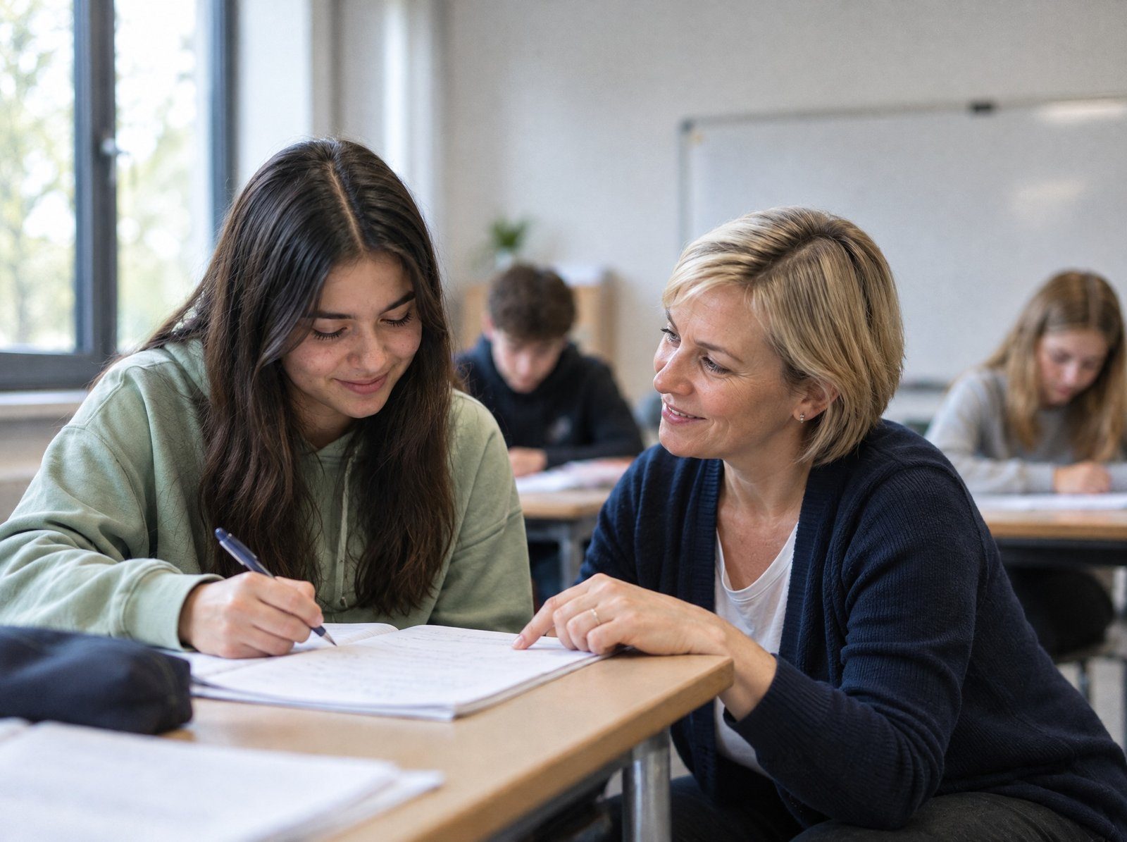 KI-generiertes Bild: Eine Lehrerin erklärt einer Schülerin im Klassenraum eine Aufgabe, im Hintergrund arbeiten zwei weitere Lernende