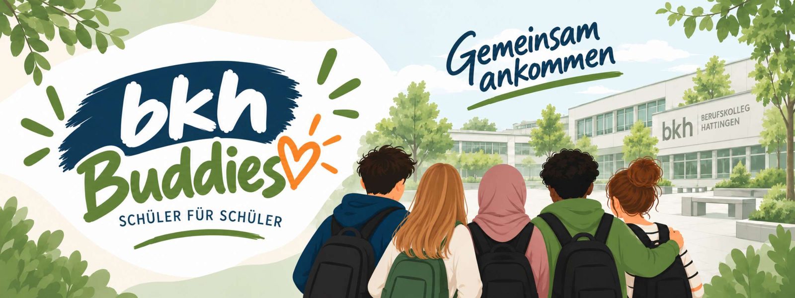 Gezeichnetes Motiv mit fünf Lernenden von hinten, die auf das Schulgebäude blicken, daneben der Schriftzug bkh Buddies