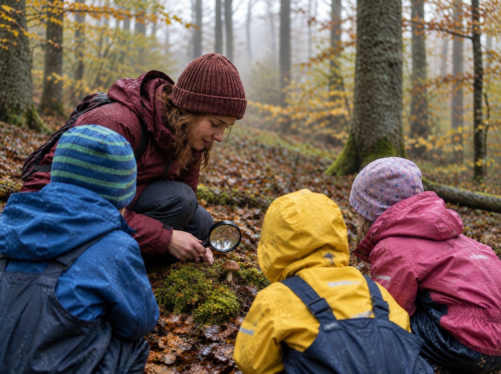 KI-generiertes Bild: Eine Auszubildende untersucht mit drei Kindern in Regenkleidung im Herbstwald einen Pilz mit der Lupe