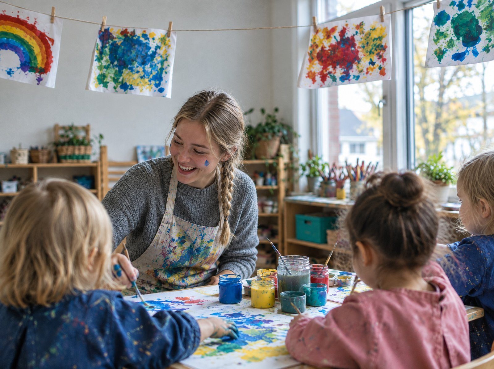 KI-generiertes Bild: Eine Auszubildende malt in der Kita lachend mit Kindern, Farbe an der Wange, darüber trocknen Bilder an einer Leine