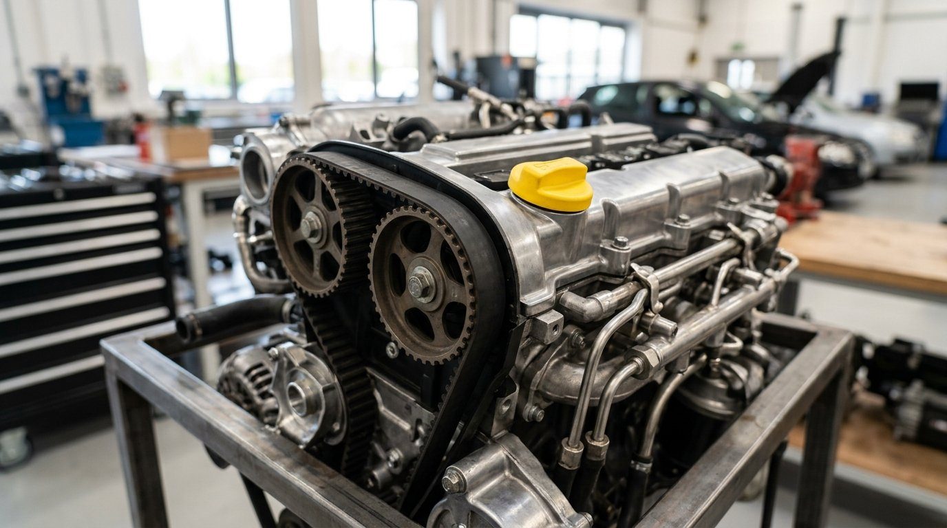 KI-generiertes Bild: Ein offener Motor mit Zahnriemen und Nockenwellenrädern auf einem Montagebock in einer Werkstatt