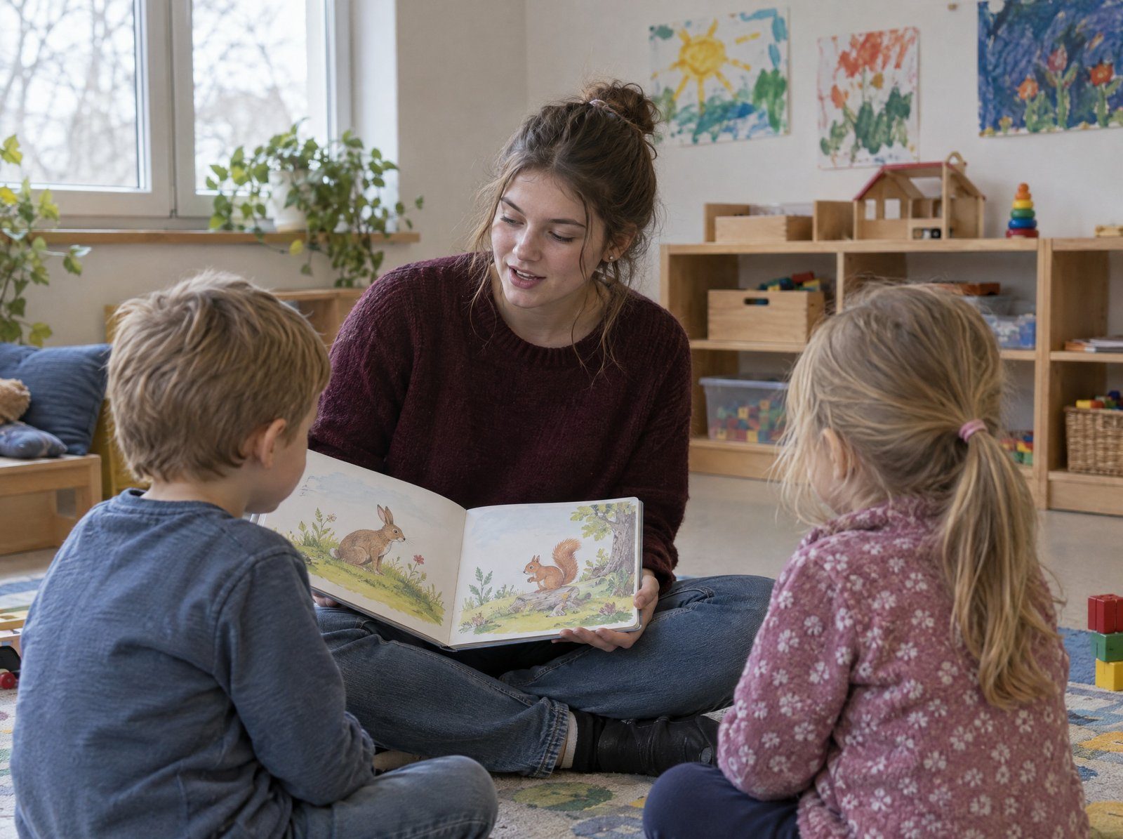 KI-generiertes Bild: Eine junge Auszubildende sitzt im Kita-Gruppenraum auf dem Teppich und liest zwei Kindern aus einem Bilderbuch vor