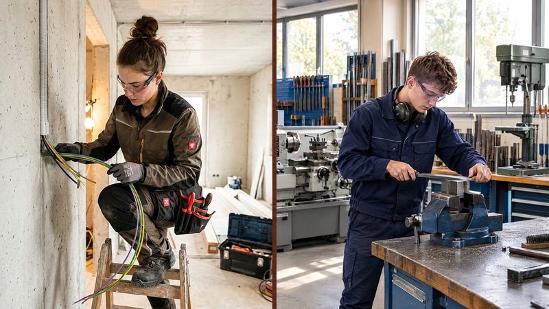 Zwei Szenen nebeneinander: links verlegt eine junge Frau in Arbeitskleidung Kabel an einer Betonwand, rechts feilt ein junger Mann in Arbeitskleidung und Schutzbrille ein Werkstück im Schraubstock, dahinter Drehmaschine und Bohrmaschine einer Metallwerkstatt