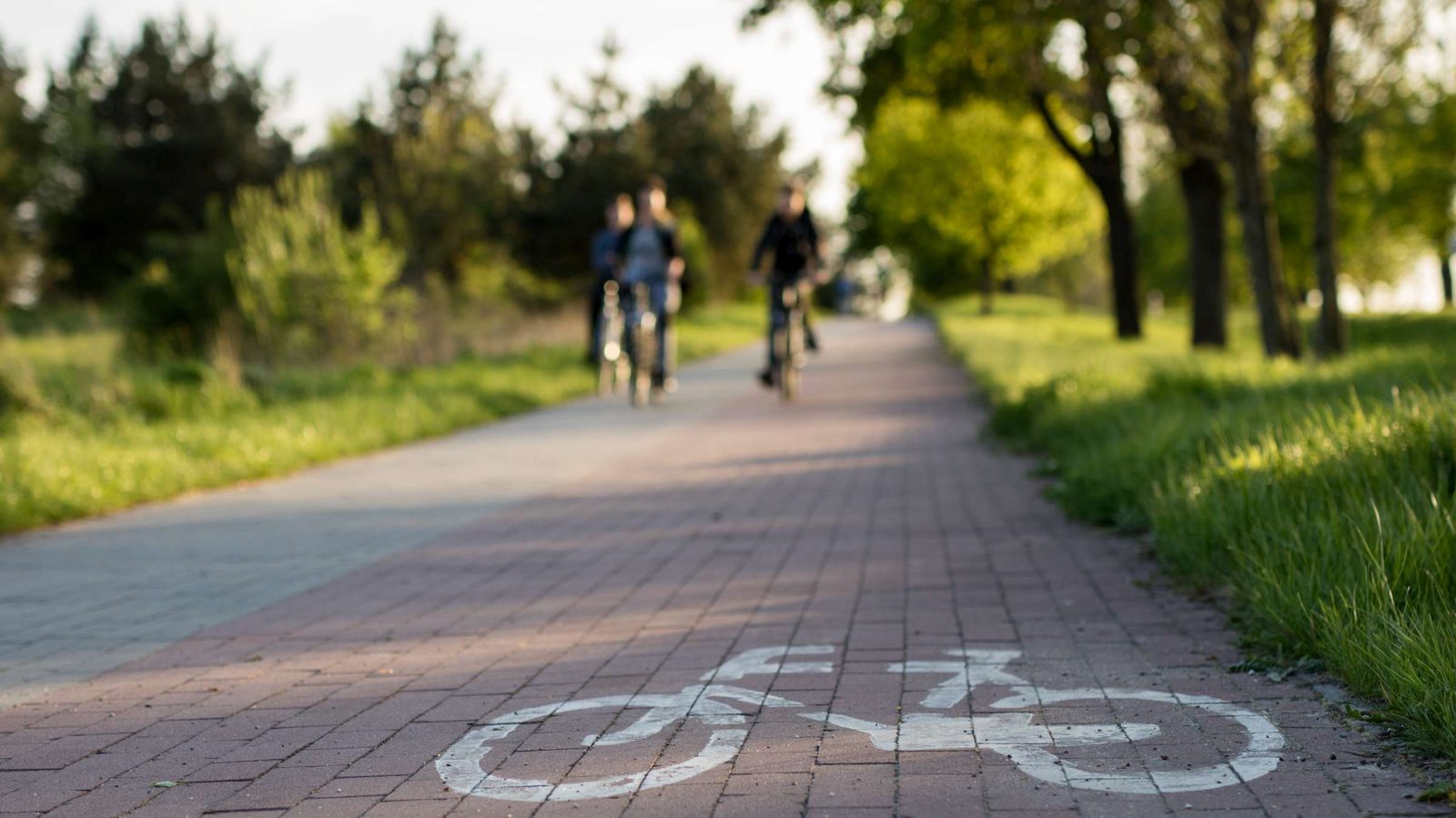 Fahrradpiktogramm auf einem Radweg, im Hintergrund drei Radfahrende